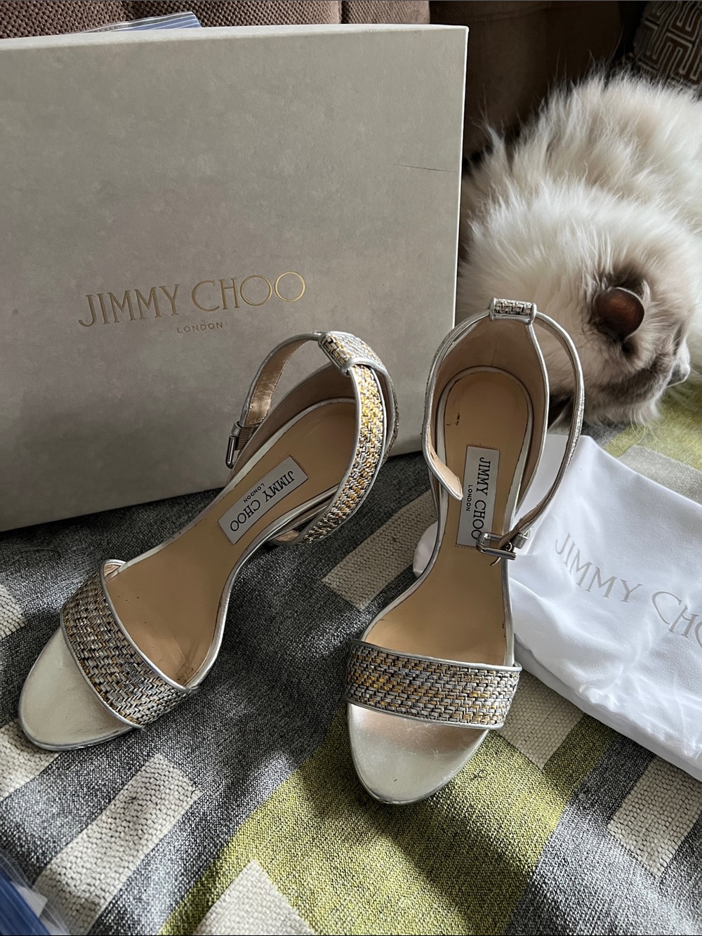 Jimmy Choo Gold and Silver Woven Strap Heeled Sandals